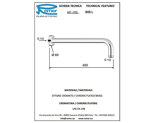 Кронштейн для верхнего душа Remer Хром