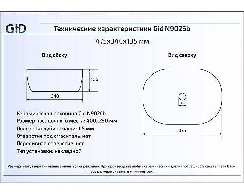 Керамическая раковина Gid N9026b 51113
