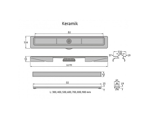 Душевой лоток BERGES В1 Keramik 400 матовый хром боковой