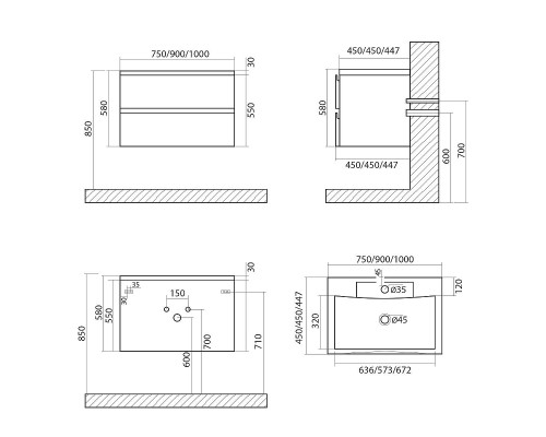 Тумба под раковину Art&Max AM-Bianchi-900-2C-SO-BM подвесная Белый матовый
