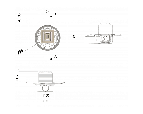 Трап BERGES ZENTRUM Uno 100х100 матовый хром выпуск D50 H65 боковой