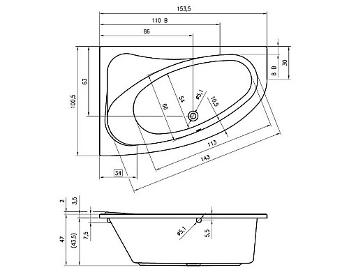 Асимметричная ванна Riho Lyra 153x100 R BA6700500000000 Асимметричная ванна Riho Lyra 153x100 R BA6700500000000