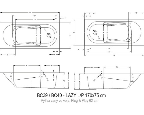Акриловая ванна Riho Lazy 170х75 R (BC3900500000000)