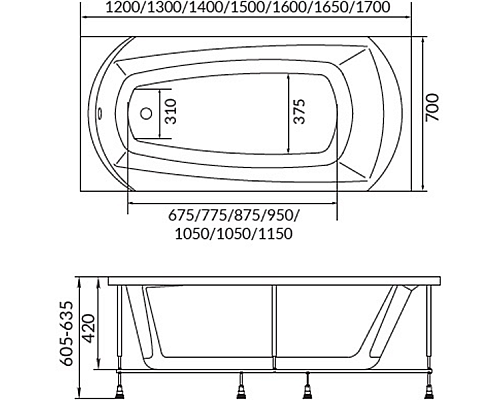 Акриловая ванна 1MarKa Elegance 165х70 01эл16570 Акриловая ванна 1MarKa Elegance 165х70 01эл16570