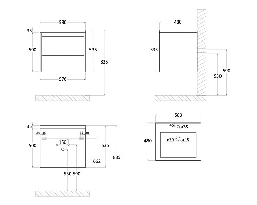 Тумба под раковину Art&Max Family-580-2C-SO-BL подвесная Белый глянец