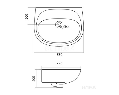 Полукруглая раковина Santek Бриз 55 1WH110457 без отверстия под смеситель 