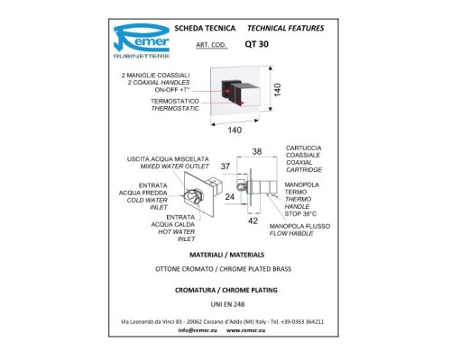 Смеситель для ванны Remer Qubica Thermo QT30 с термостатом Хром