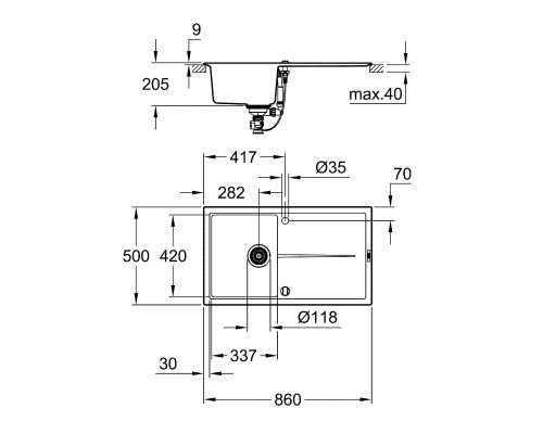 Кухонная мойка Grohe K400 86 Черный гранит