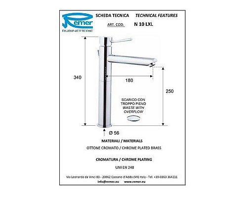 Смеситель для раковины Remer Minimal N10LXL Хром