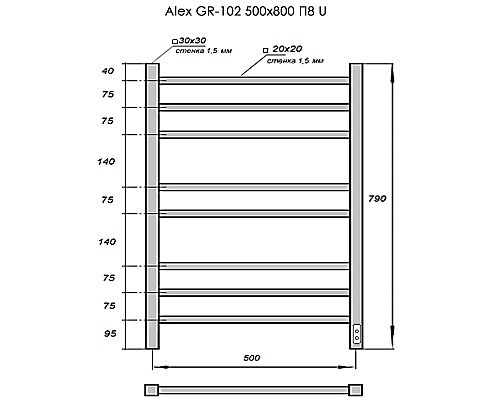 Полотенцесушитель электрич-ий GROIS Alex GR-102 500/800 П8 RAL9005 U черный матовый Полотенцесушитель электрич-ий GROIS Alex GR-102 500/800 П8 RAL9005 U черный матовый