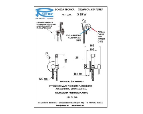 Гигиенический душ со смесителем Remer X-Style X65W Хром