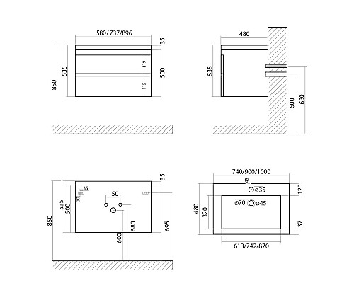 Тумба под раковину Art&Max Family-900-2C-SO-CV подвесная Цемент