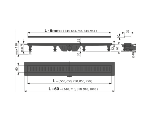 Душевой лоток Alcaplast (APZ10BLACK-550M) с Черной матовой решеткой