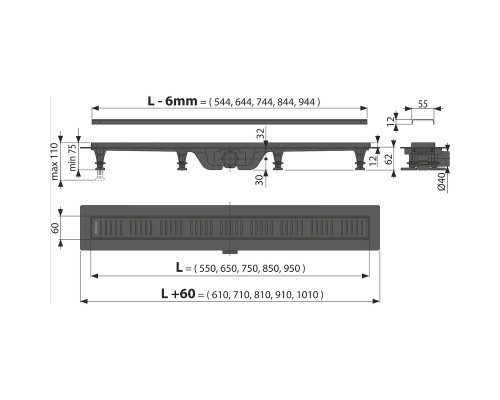 Душевой лоток Alcaplast (APZ10BLACK-550M) с Черной матовой решеткой