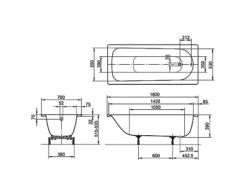 Стальная ванна Kaldewei Eurowa 311 160x70 119712030001 без отверстий под ручки