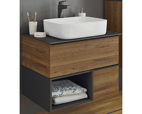 Тумба с раковиной Comforty Штутгарт 75 00-00001884 подвесная Дуб темно-коричневый Черная столешница