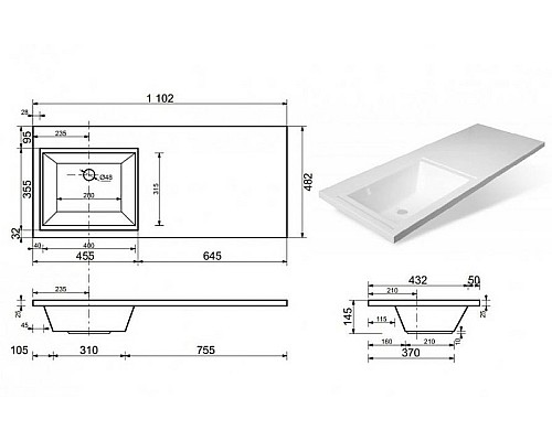 Раковина Эстет Даллас 110 L ФР-00001741 над стиральной машиной Белая