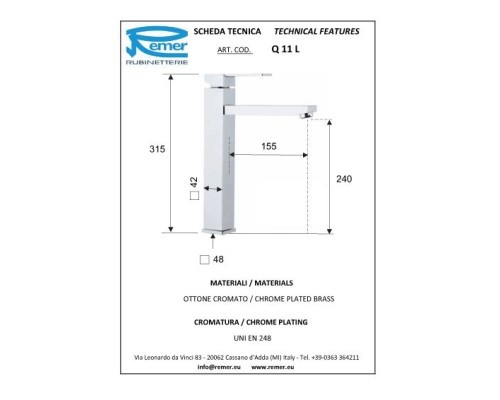 Смеситель для раковины Remer Qubica Q11L Хром