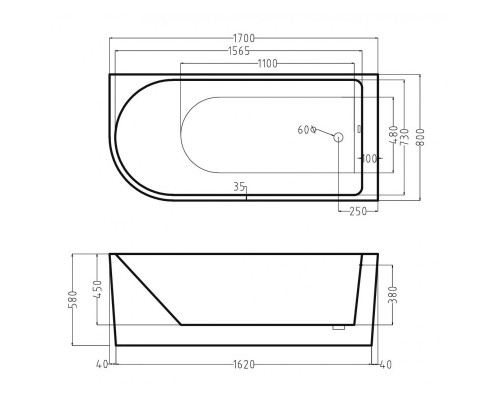 Ванна акриловая ESBANO ESVAAFINR 170x80
