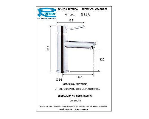 Смеситель для раковины Remer Minimal N11A Хром