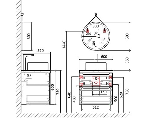 Тумба под раковину Jorno Wood 60 wood.01.60/P/GR подвесная Серая