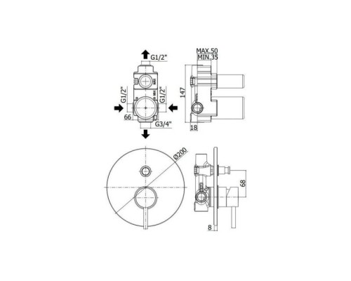 Смеситель Paffoni Light LIG015BO с внутренней частью, для ванны с душем