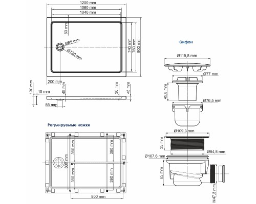Акриловый поддон для душа WasserKRAFT Amper 120x90 Белый глянец