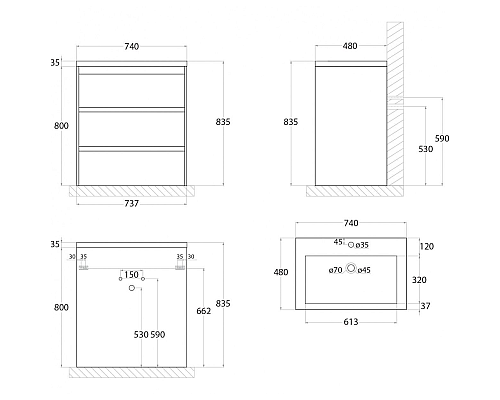 Тумба под раковину Art&Max FAMILY-750-3C-PIA-BL Белый глянец