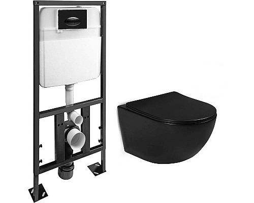 Комплект унитаза с инсталляцией SantiLine SL-5018MB+SL-03 с сиденьем Микролифт и Черной матовой клавишей смыва