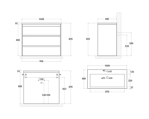 Тумба под раковину Art&Max FAMILY-1000-3C-PIA-BL Белый глянец
