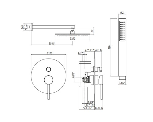 Комплект для душа Gattoni Circle Two со встроенным смесителем, лейкой и верхним душем