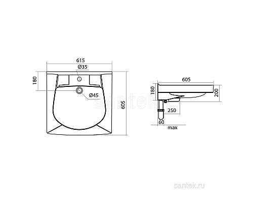 Прямоугольная раковина Santek Пилот 60 1WH301971
