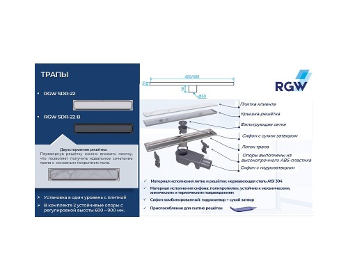 Душевой лоток RGW SDR-22 47212240-01 с двухсторонней решеткой
