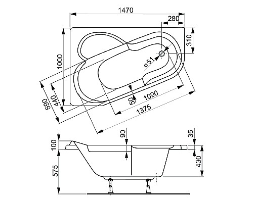Акриловая ванна VAGNERPLAST SELENA 147 Left VPBA141SEL3LE-04