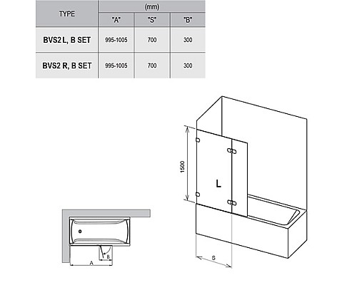 Шторка для ванны Ravak BVS2 7UPA0A00Z1 100 R хром прозрачный
