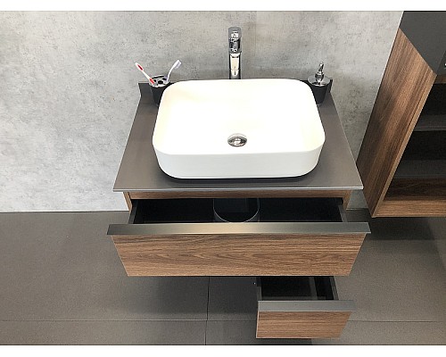 Тумба с раковиной Comforty Штутгарт 75 00-00001884 подвесная Дуб темно-коричневый Черная столешница