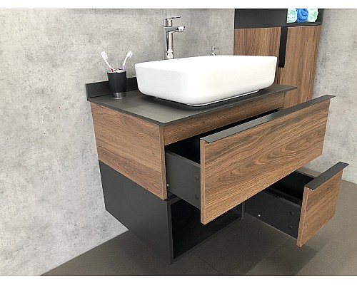 Тумба с раковиной Comforty Штутгарт 75 00-00001884 подвесная Дуб темно-коричневый Черная столешница