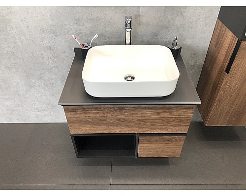 Тумба с раковиной Comforty Штутгарт 75 00-00001884 подвесная Дуб темно-коричневый Черная столешница