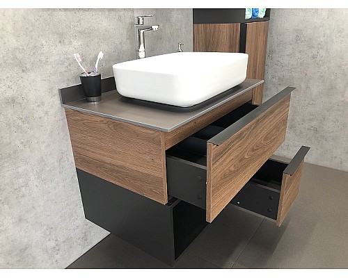 Тумба с раковиной Comforty Штутгарт 75 00-00001884 подвесная Дуб темно-коричневый Черная столешница