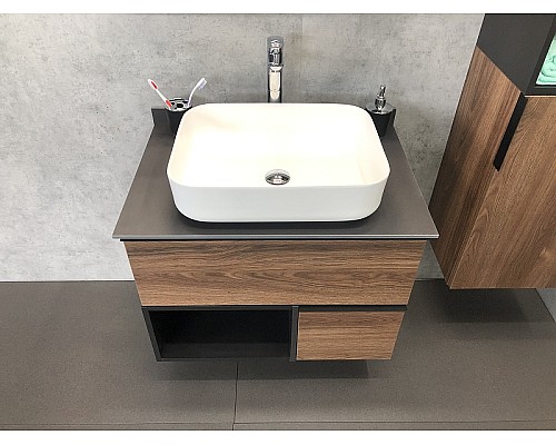 Тумба с раковиной Comforty Штутгарт 75 00-00001884 подвесная Дуб темно-коричневый Черная столешница