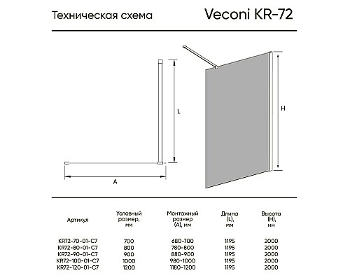 Душевая перегородка Veconi Korato KR-72 70 KR72-70-01-C7 профиль Хром стекло прозрачное