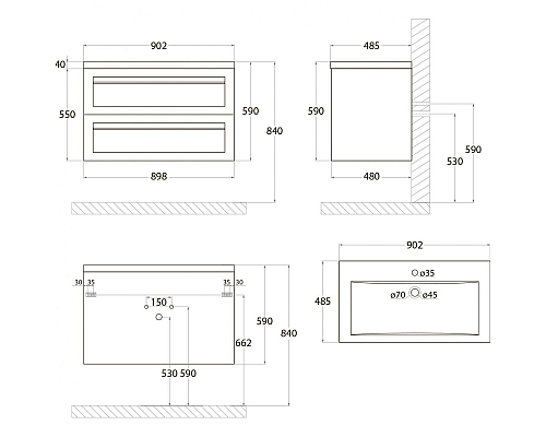 Тумба под раковину Art&Max AM-Platino-900-2C-SO-NM подвесная Черная матовая