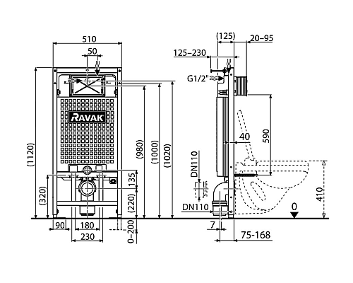 Инсталляция Ravak G II X01703 для унитаза без клавиши смыва