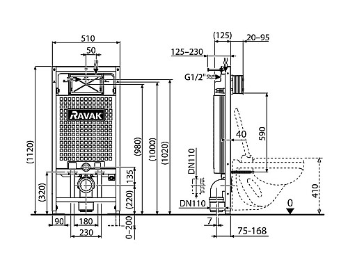 Инсталляция Ravak G II X01703 для унитаза без клавиши смыва