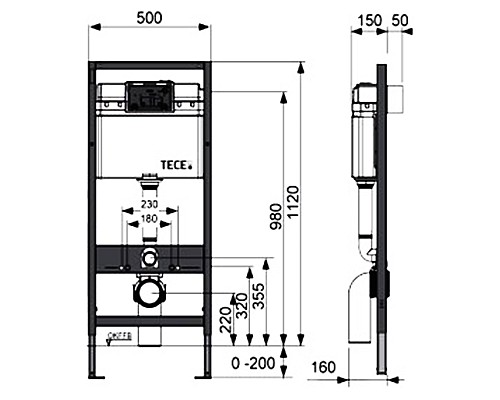 Инсталляция Tece Profil 9400405 для подвесного унитаза с кнопкой смыва
