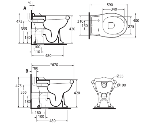 Унитаз Azzurra Jubilaeum JUVCTPB00000BI/(JUB100/P bi) приставной без бачка и сиденья