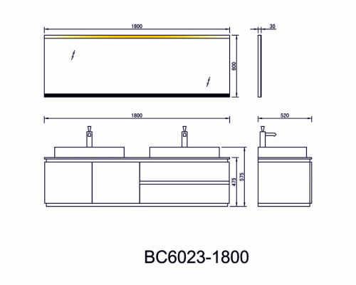 Тумба с раковиной Orans BC-6023-1800 Черный Белый