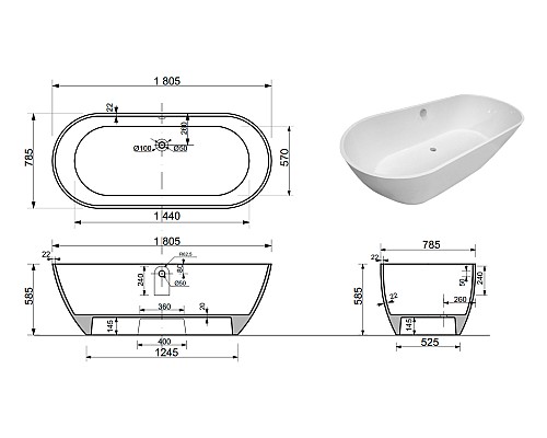 Ванна из искусственного камня Эстет Майами 1805х78