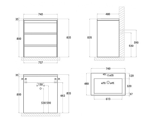Тумба под раковину Art&Max FAMILY-750-3C-PIA-BL Белый глянец