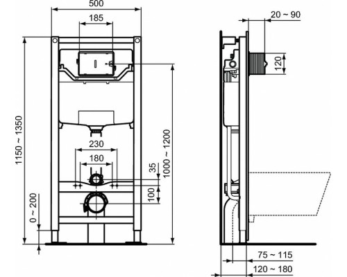 Комплект унитаза с инсталляцией Ideal Standard Tesi с сиденьем Микролифт и клавишей смыва